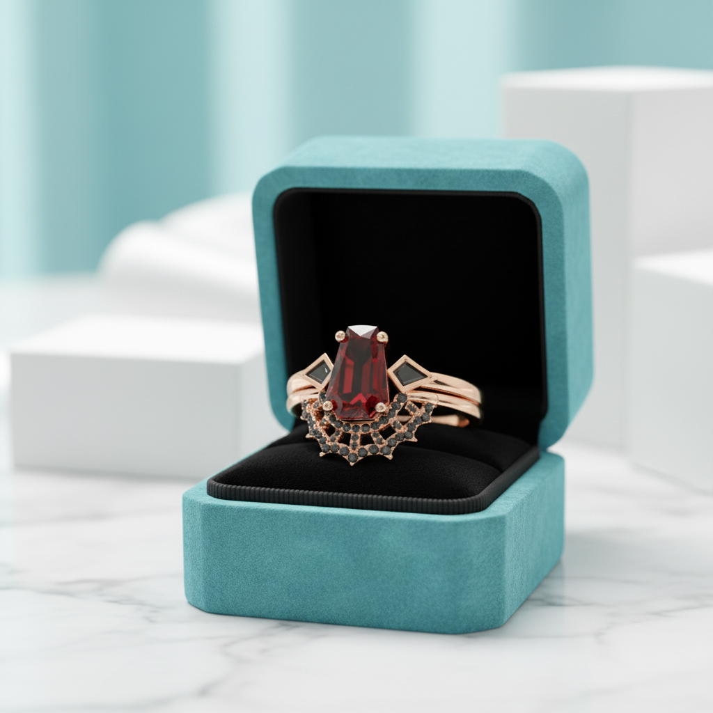 Gothic Spider Web Wedding Ring Set in 18k Gold Coffin Cut Garnet-Evani Jewelry
