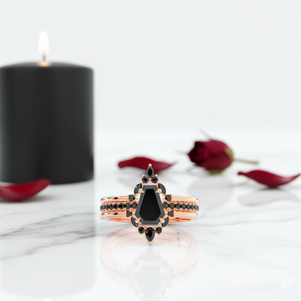Rose gold ring with black gemstone on a marble surface with a black candle and red roses in the background.