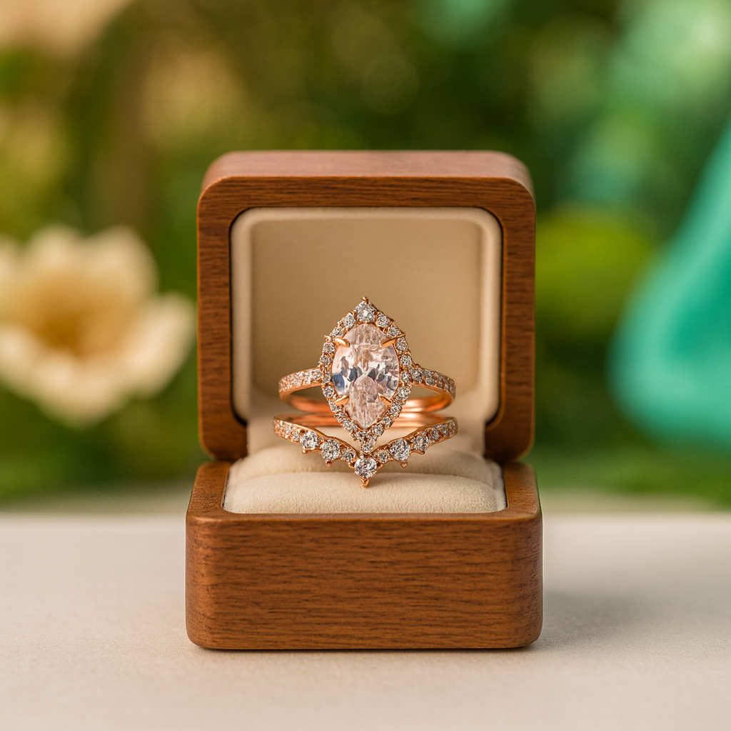 Rose gold ring with diamonds in a wooden box against a blurred natural background