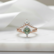 Enchanted Love- Unique Round Moss Agate Engagement Ring Set Vintage Rose Gold Ring