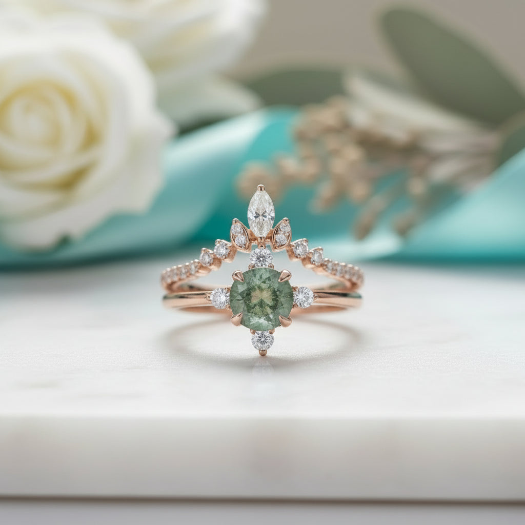 Enchanted Love- Unique Round Moss Agate Engagement Ring Set Vintage Rose Gold Ring-Evani Jewelry