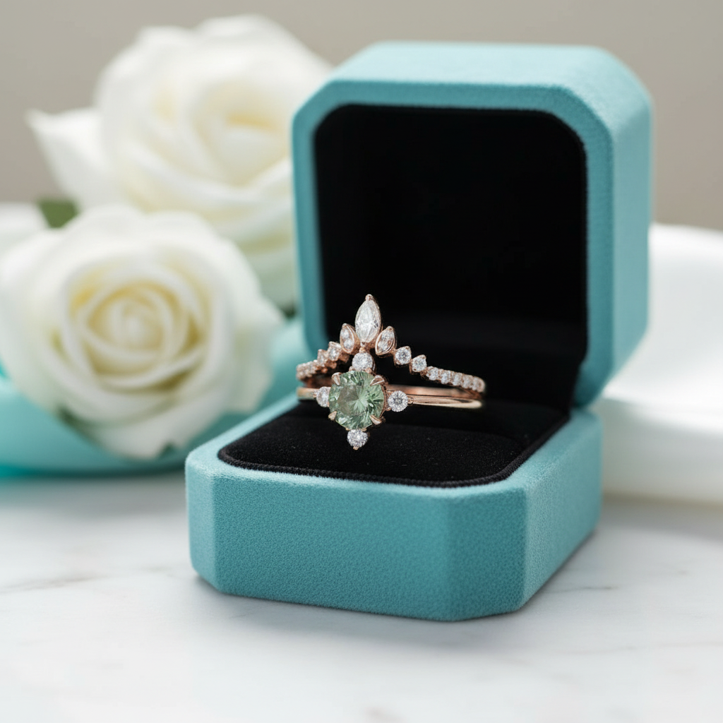 Enchanted Love- Unique Round Moss Agate Engagement Ring Set Vintage Rose Gold Ring - Evani Naomi Jewelry
