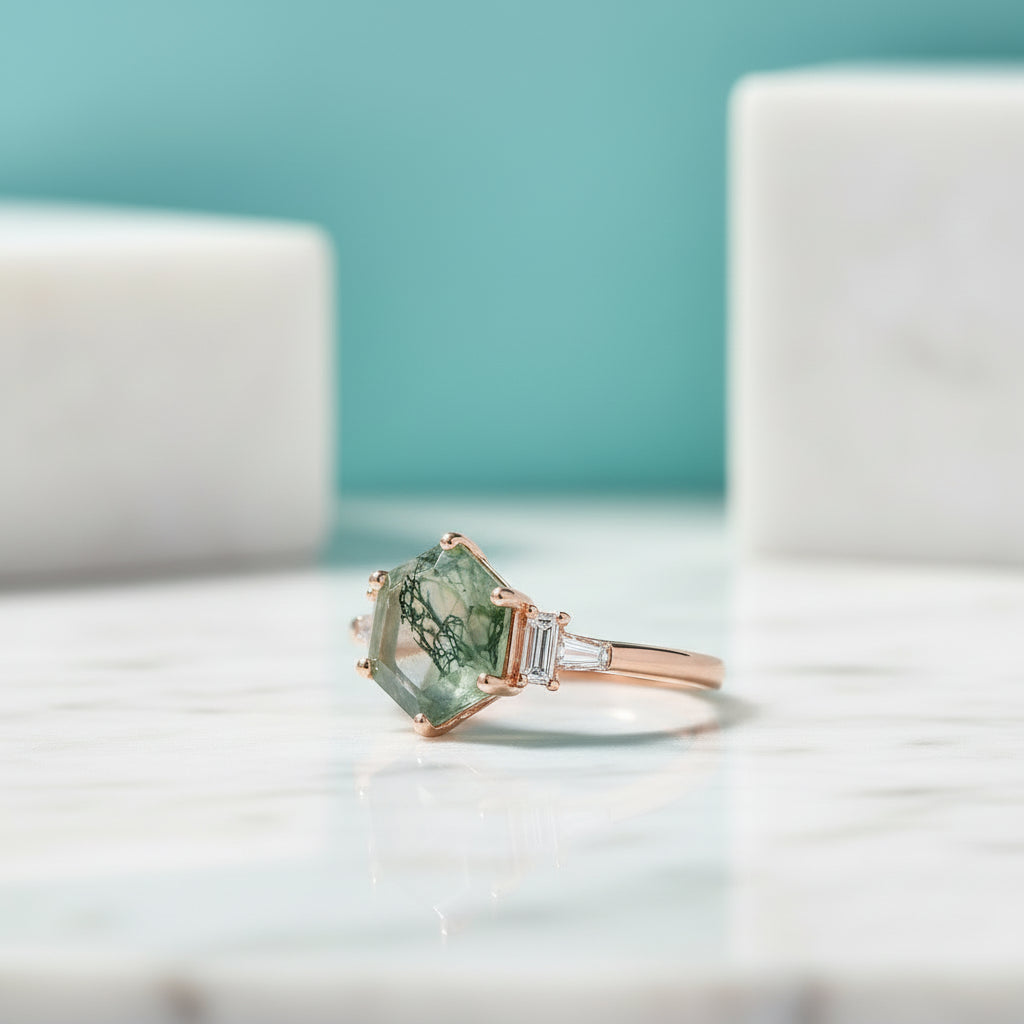 Heart's Golden Hour- Hexagon Cut Natural Moss Agate Engagement Ring-Evani Jewelry