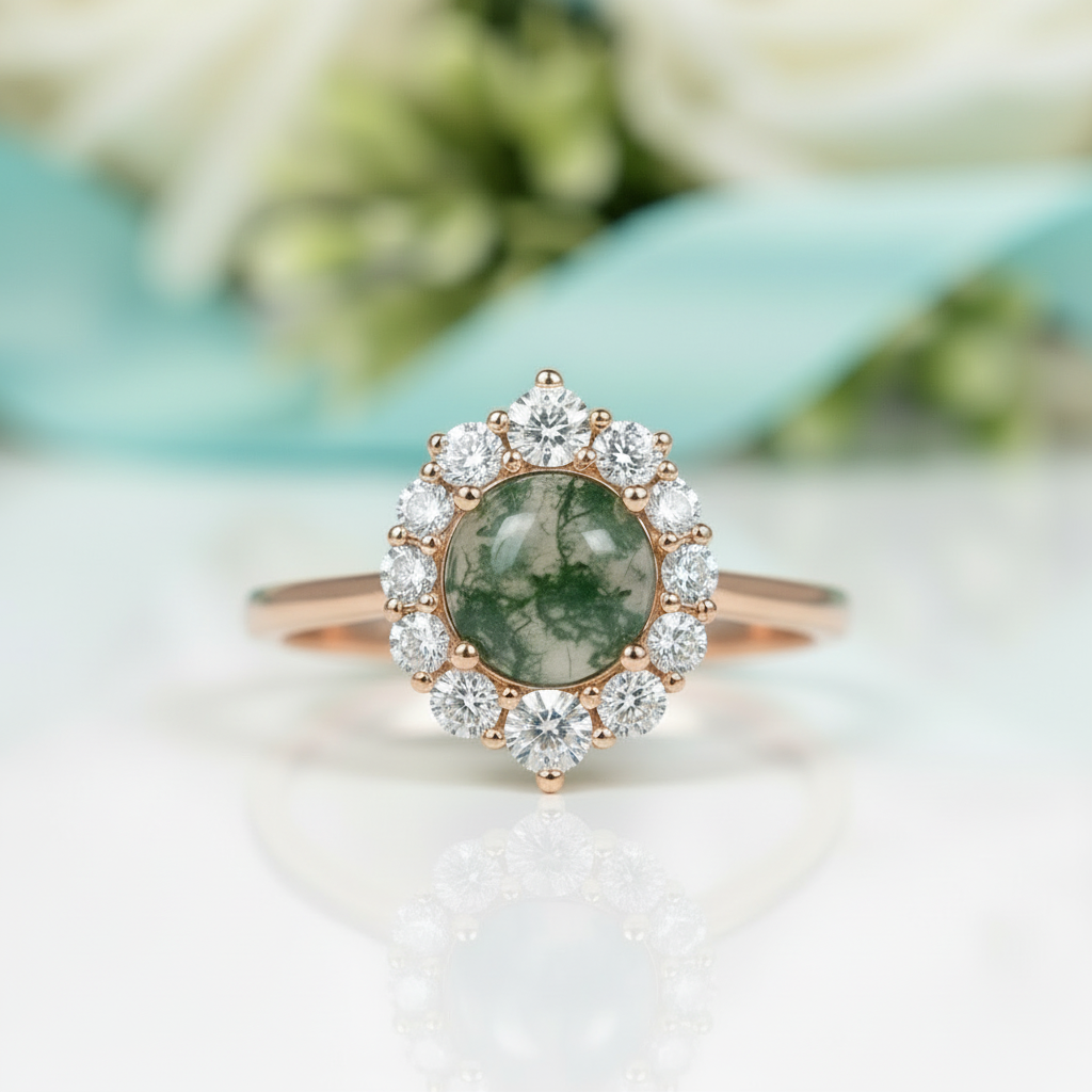 Meadow's Vow- Moss Agate & Champagne Cyan Moissanite Ring-Evani Jewelry