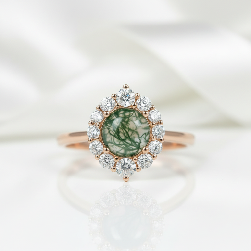 Meadow's Vow- Moss Agate & Champagne Cyan Moissanite Ring