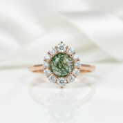 Meadow's Vow- Moss Agate & Champagne Cyan Moissanite Ring
