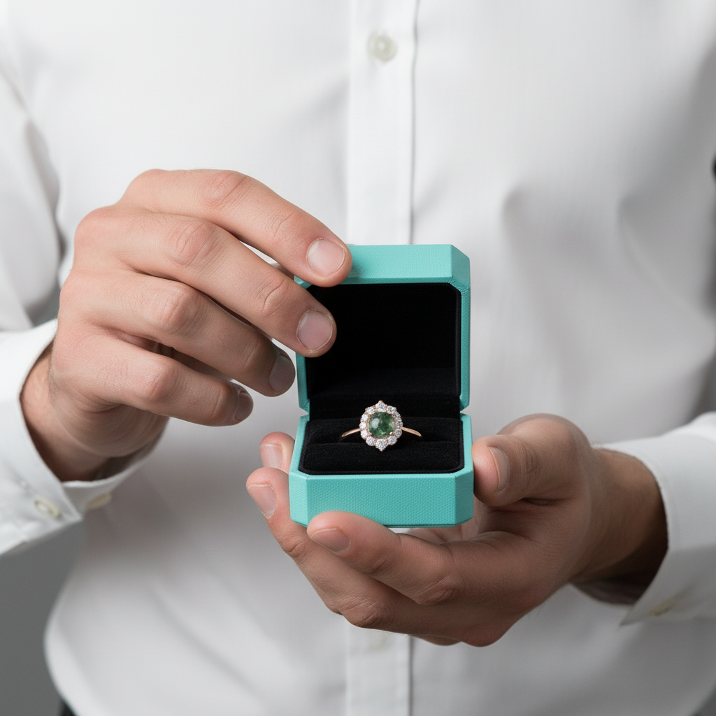 Meadow's Vow- Moss Agate & Champagne Cyan Moissanite Ring