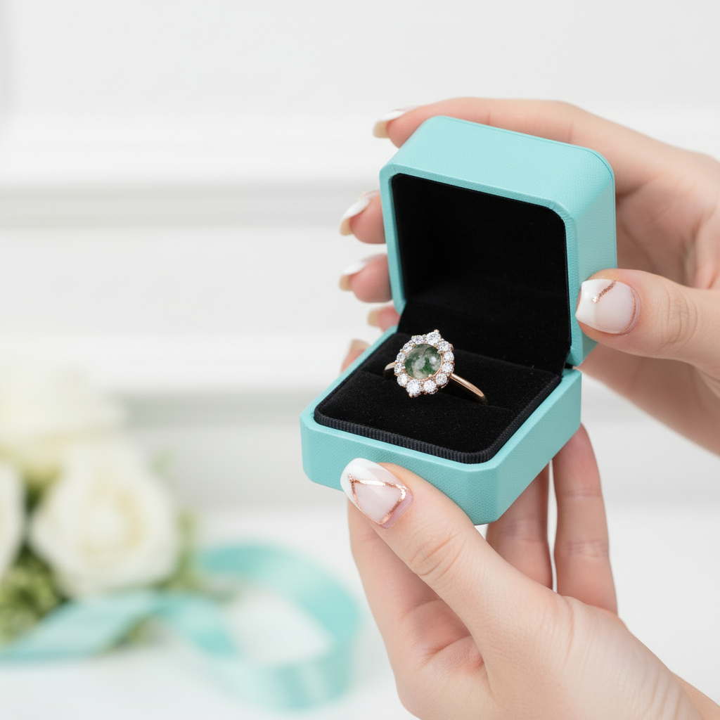 Meadow's Vow- Moss Agate & Champagne Cyan Moissanite Ring