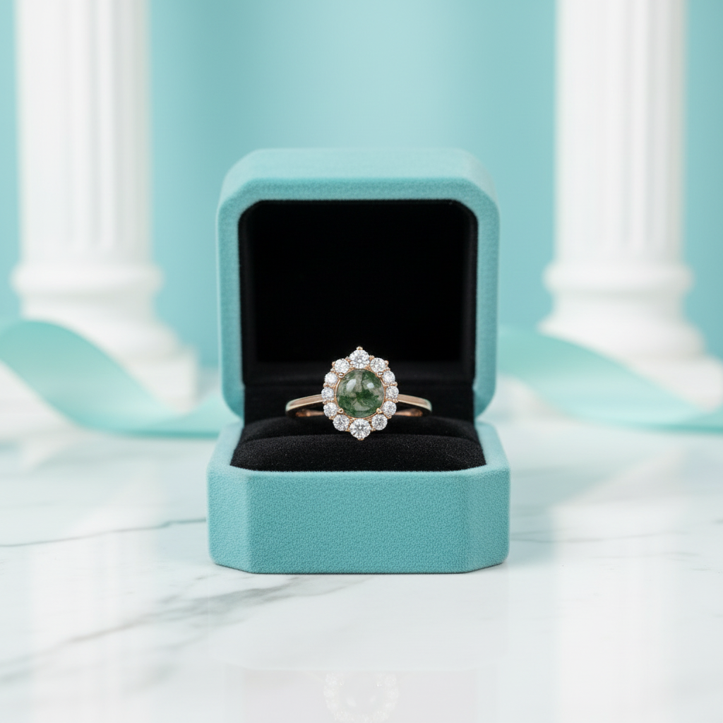 Meadow's Vow- Moss Agate & Champagne Cyan Moissanite Ring