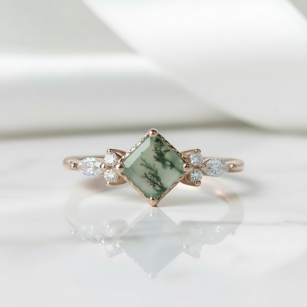 Crystal Blossom- Unique Square Shape Natural Moss Agate Engagement Ring