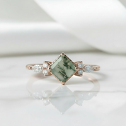 Crystal Blossom- Unique Square Shape Natural Moss Agate Engagement Ring