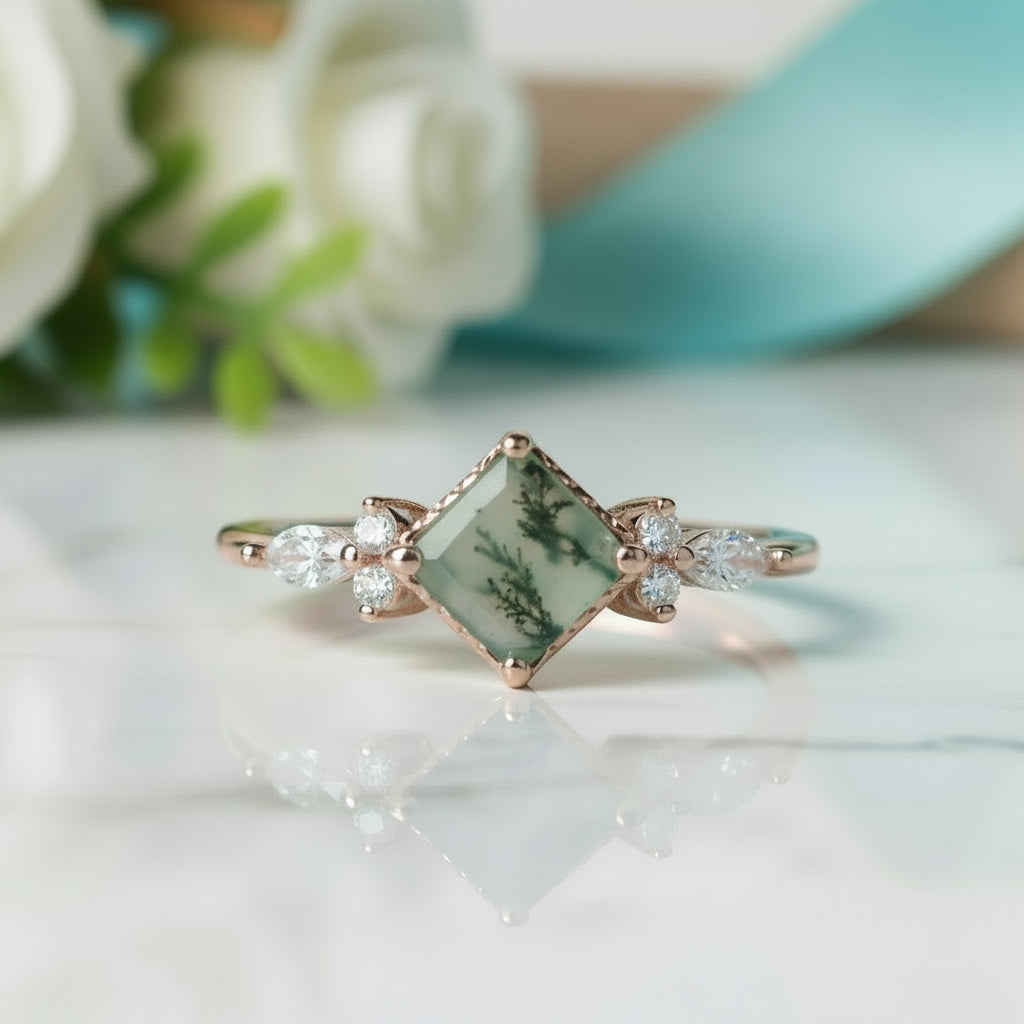 Crystal Blossom- Unique Square Shape Natural Moss Agate Engagement Ring