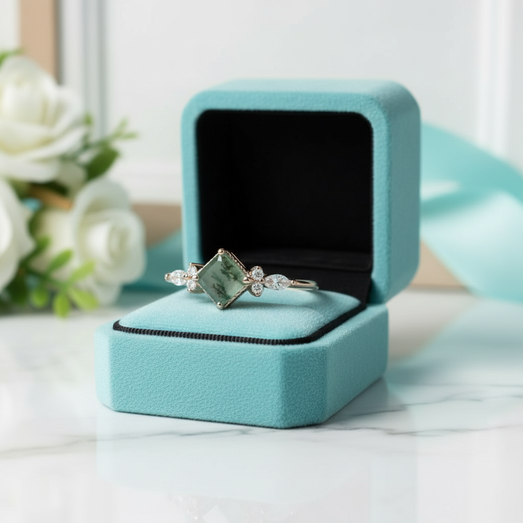 Crystal Blossom- Unique Square Shape Natural Moss Agate Engagement Ring