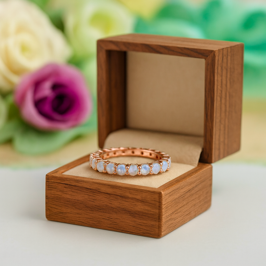 Rose gold ring with opal stones in a wooden box with flowers in the background