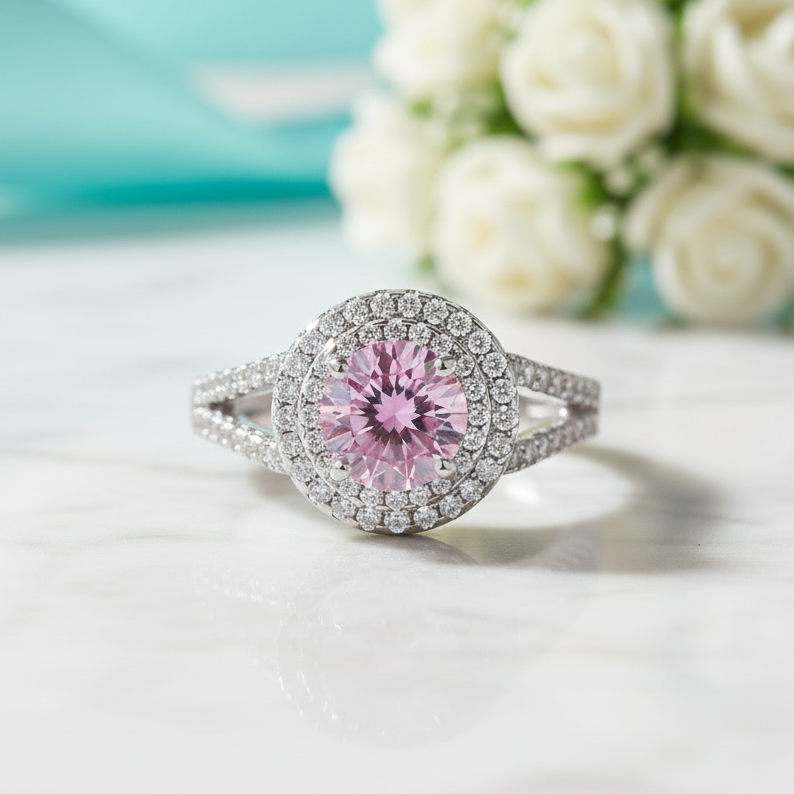 Round 1.25 ct Double-Halo Tourmaline Birthstone Engagement Ring - Evani Naomi Jewelry