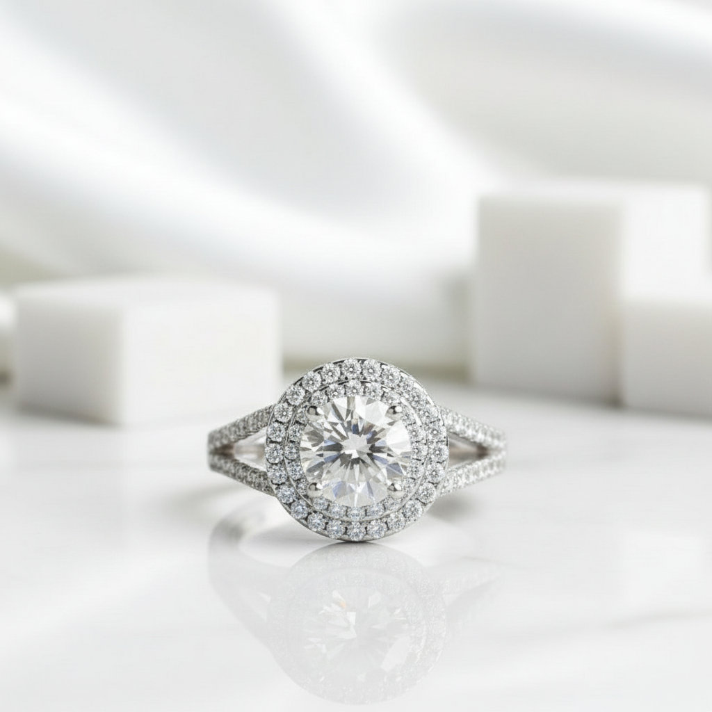 1.25 ct Round Cut Diamond Double-Halo Birthstone Engagement Ring-Evani Jewelry