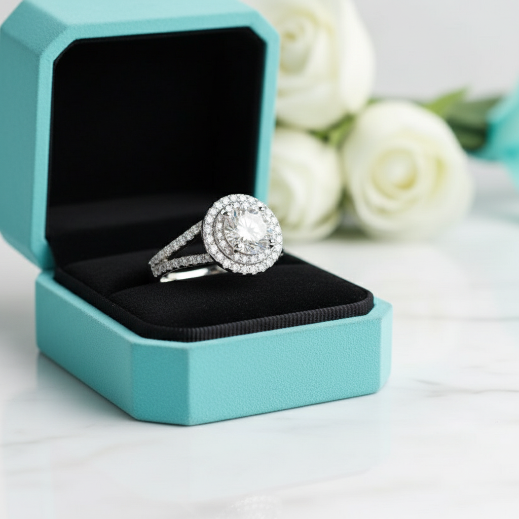 1.25 ct Round Cut Diamond Double-Halo Birthstone Engagement Ring-Evani Jewelry