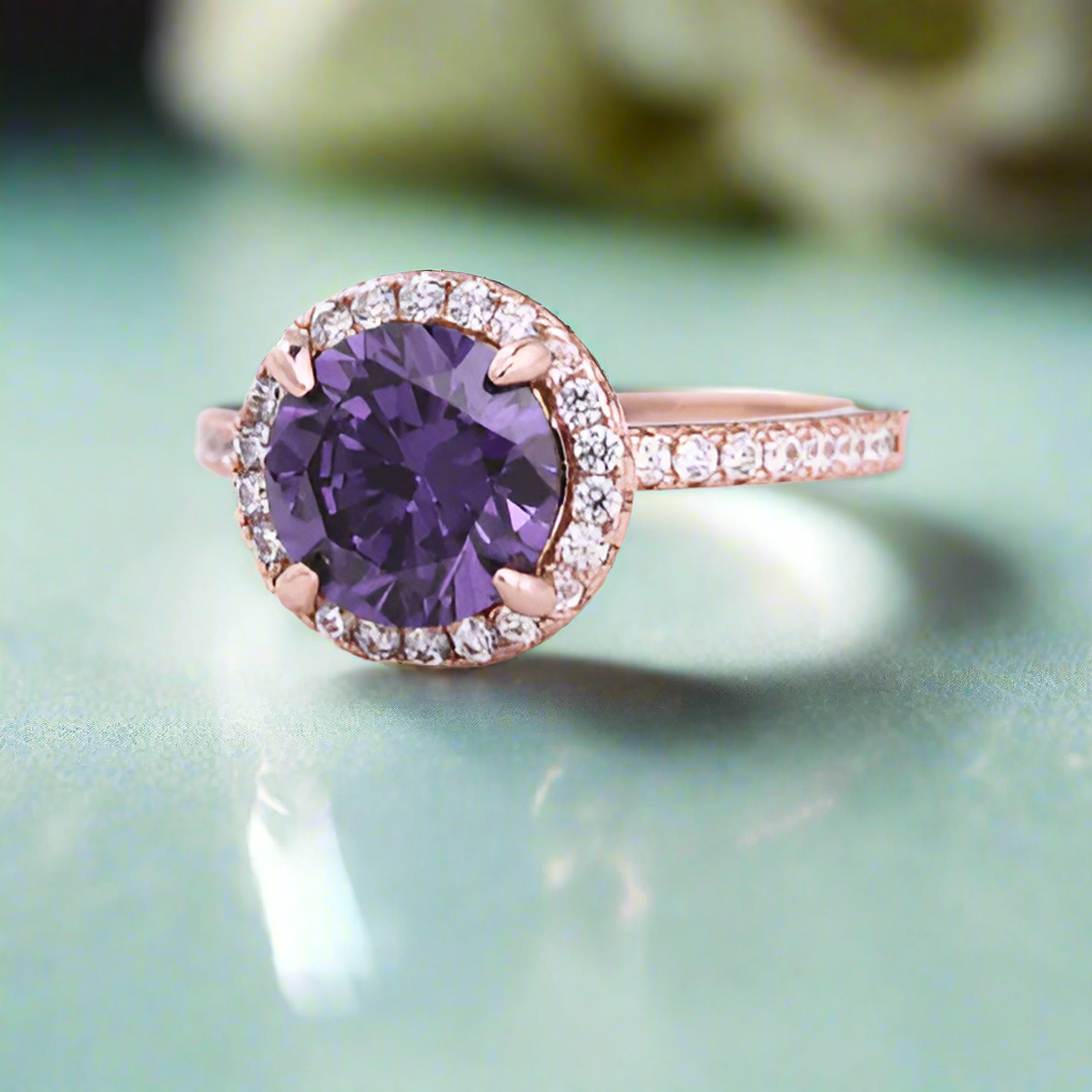 Round 2.0ct Amethyst Purple Diamond Engagement Ring with Halo-Evani Naomi Jewelry