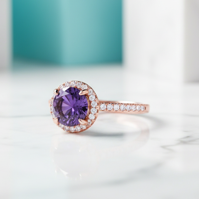 2.0ct Round Cut Amethyst Purple Engagement Ring with Halo-Evani Jewelry