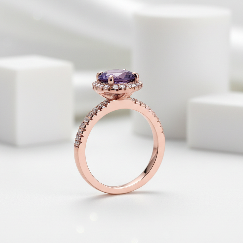 2.0ct Round Cut Amethyst Purple Engagement Ring with Halo-Evani Jewelry