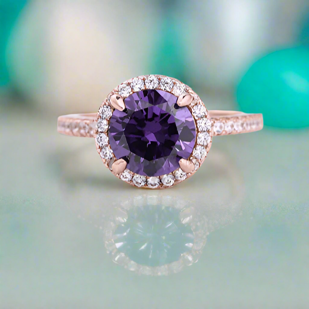 Round 2.0ct Amethyst Purple Diamond Engagement Ring with Halo-Evani Naomi Jewelry