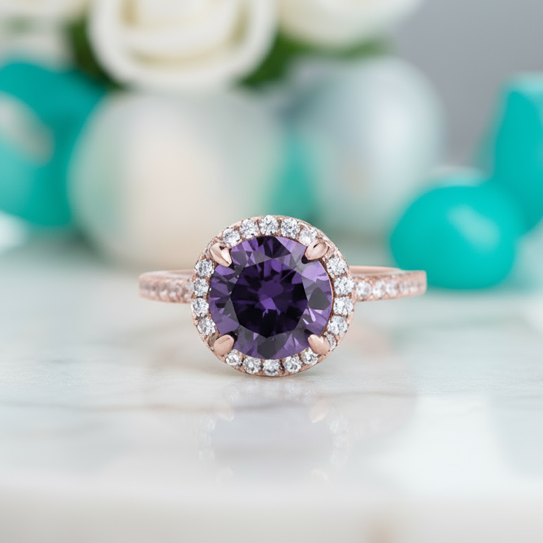 2.0ct Round Cut Amethyst Purple Engagement Ring with Halo-Evani Jewelry