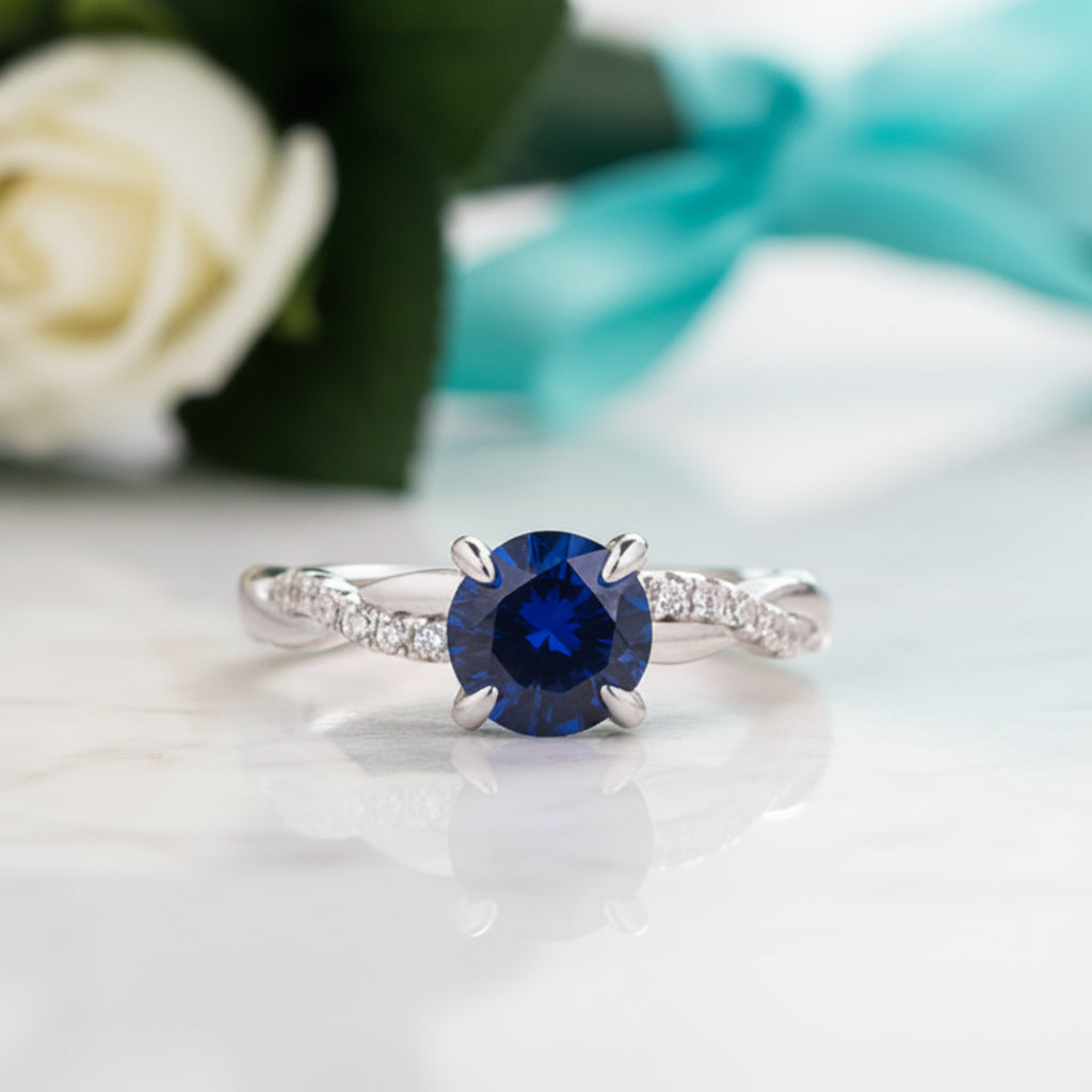 Round Cut 1.25 ct Blue Sapphire Twist Promise Ring-Evani Jewelry