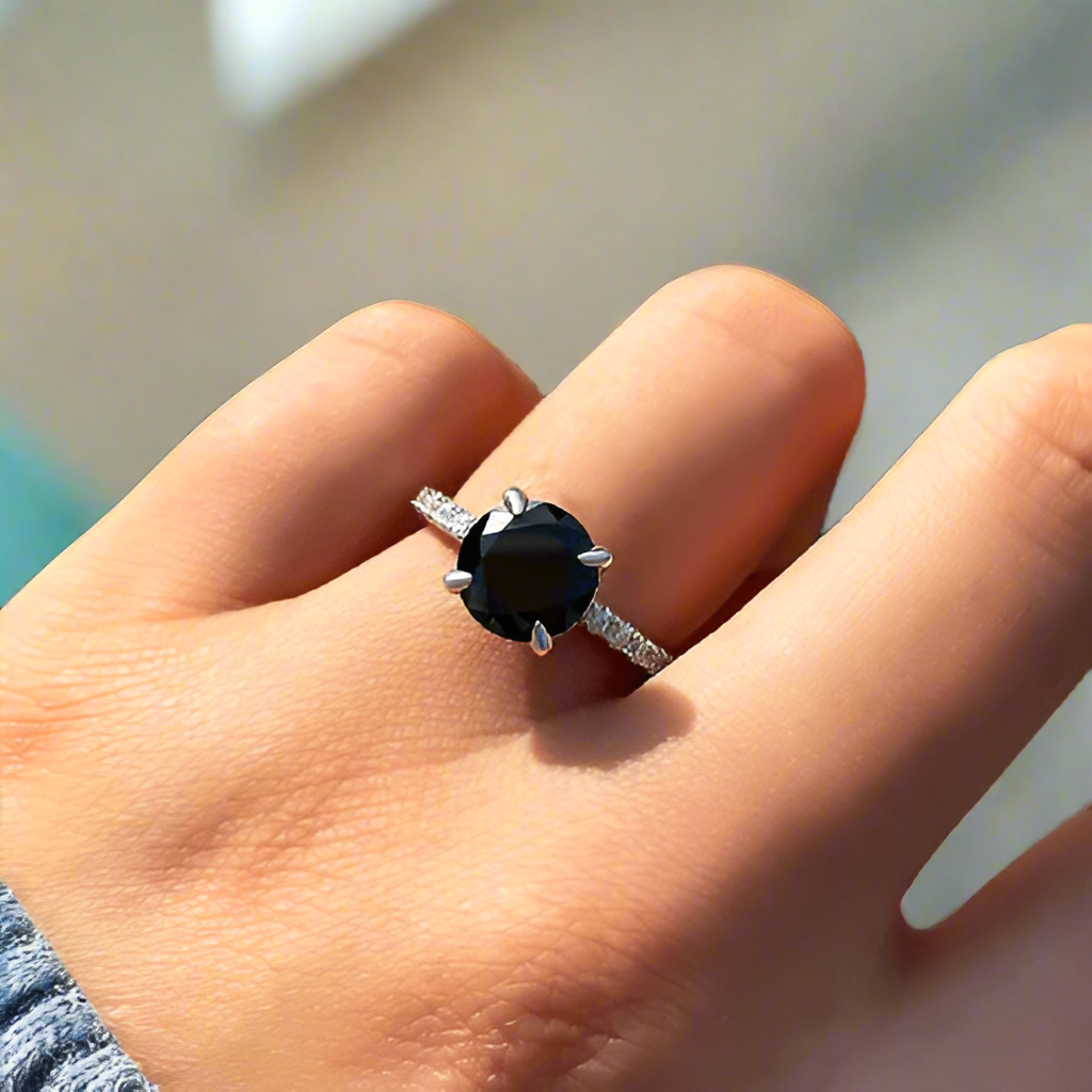 Round Cut 2.0ct Black Diamond White Gold Engagement Ring-Evani Naomi Jewelry