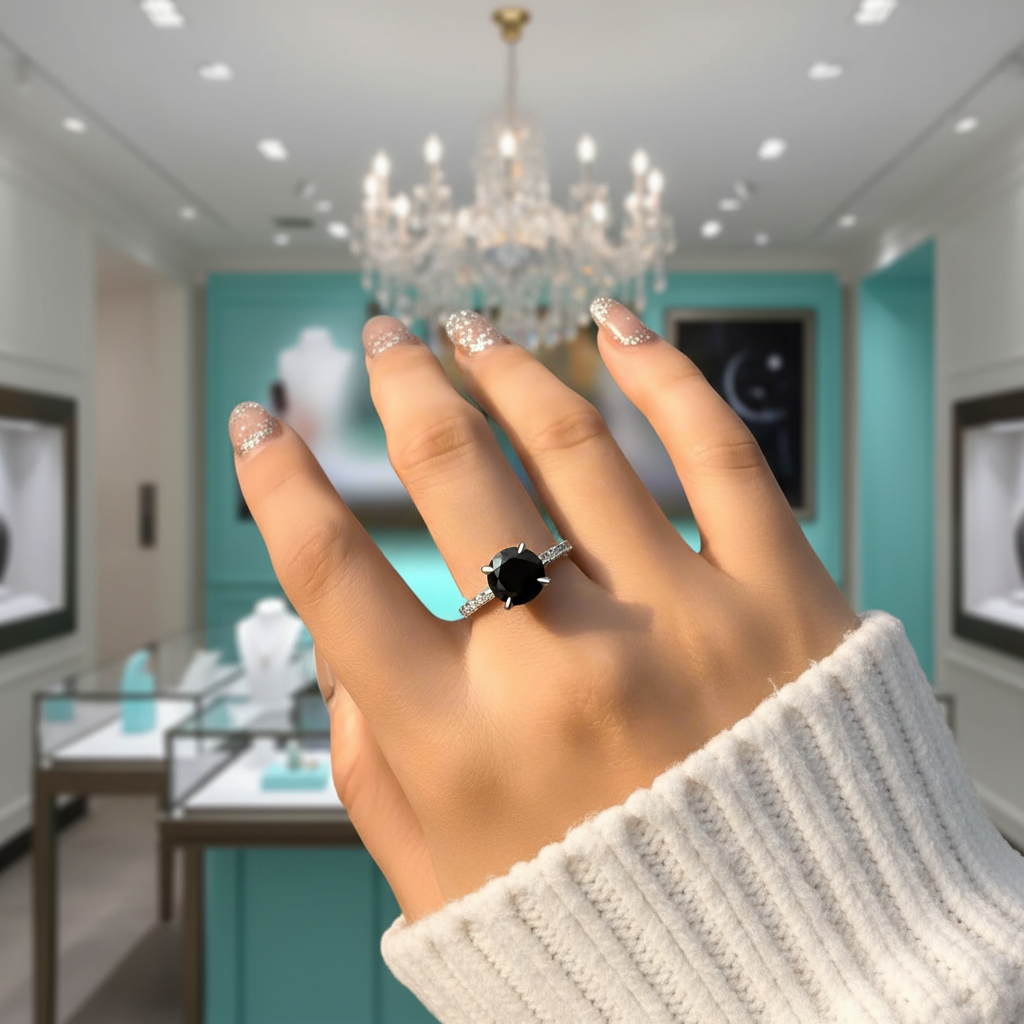 Round Cut 2.0ct Black Diamond White Gold Engagement Ring-Evani Jewelry