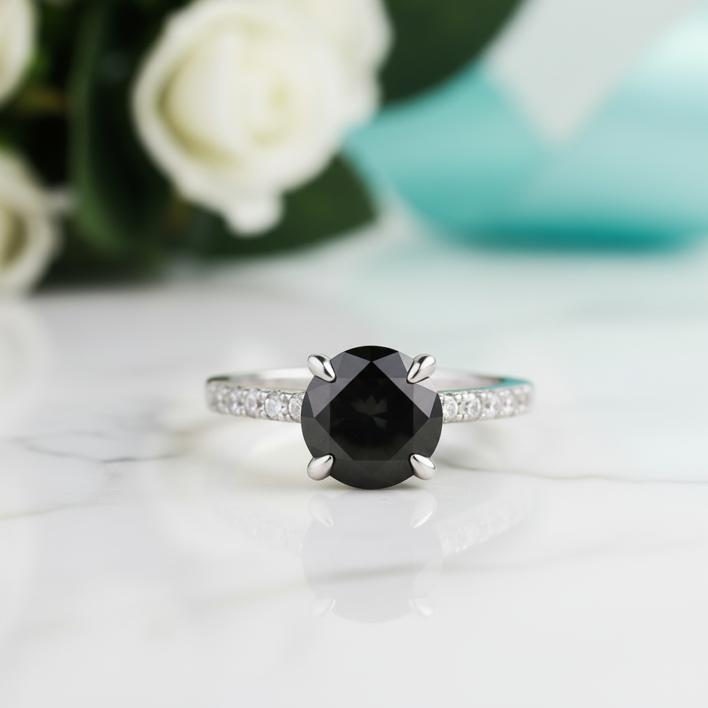 Round Cut 2.0ct Black Diamond White Gold Engagement Ring-Evani Jewelry
