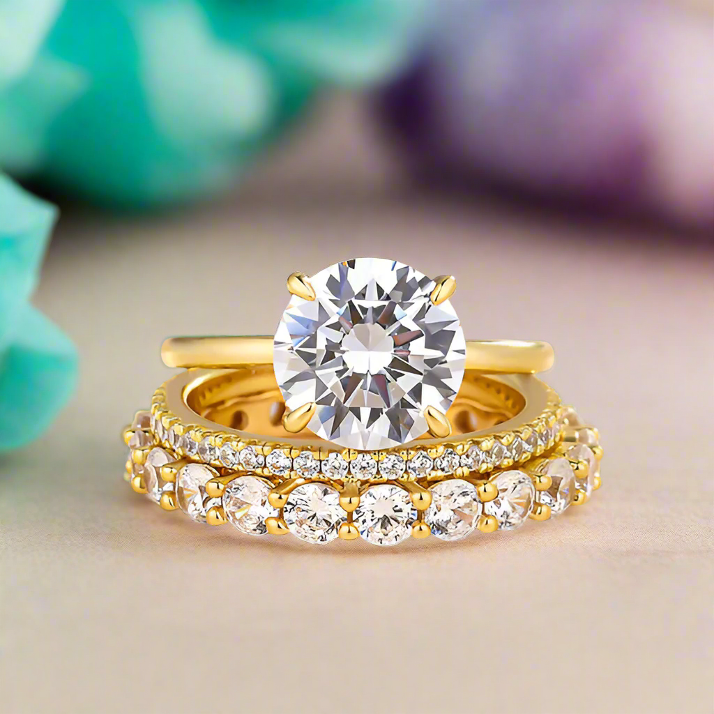 Round Cut 3.5ct Diamond 3pcs Yellow Gold Bridal Set-Evani Jewelry