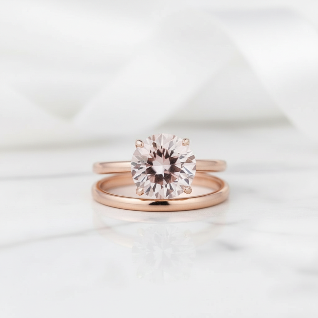 Round Cut 3.5ct Morganite Tourmaline Rose Gold Bridal Set