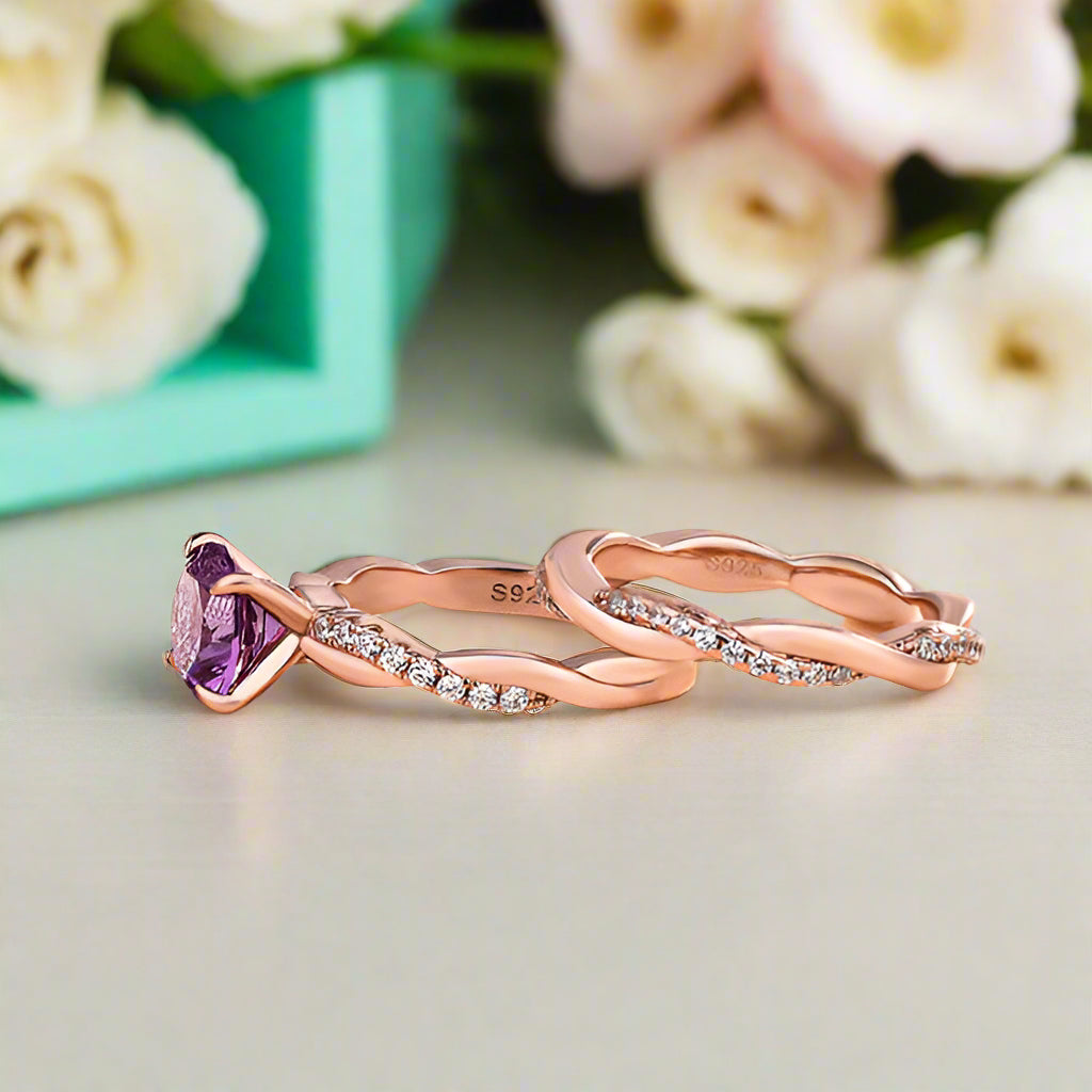 Round Cut Amethyst Purple Twist Rose Gold Wedding Set-Evani Naomi Jewelry