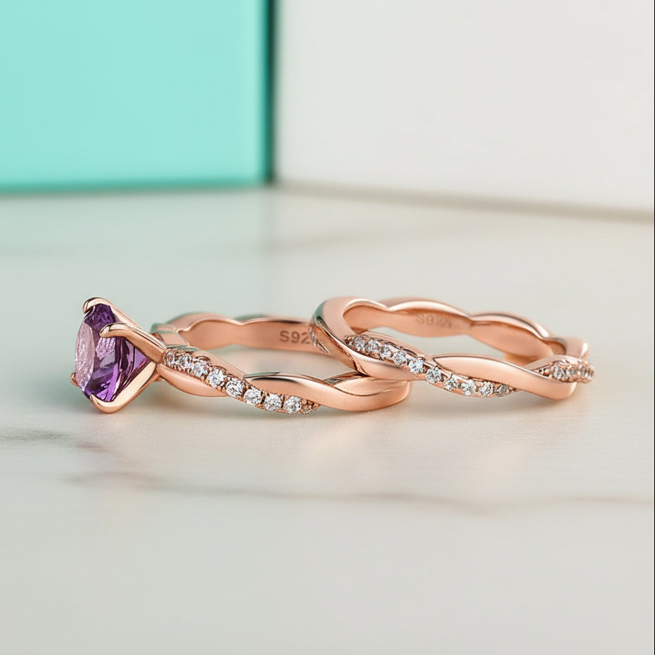 Round Cut Amethyst Purple Twist Rose Gold Wedding Set-Evani Jewelry