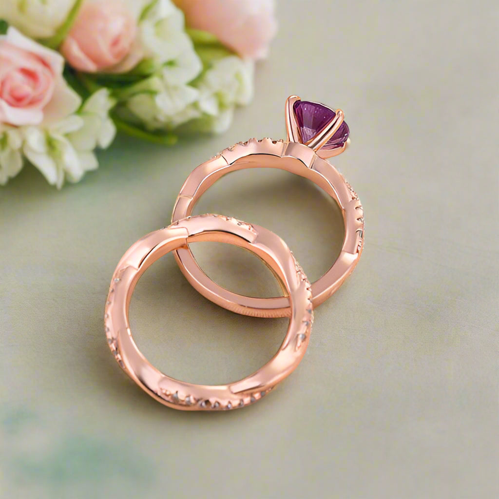 Round Cut Amethyst Purple Twist Rose Gold Wedding Set-Evani Naomi Jewelry