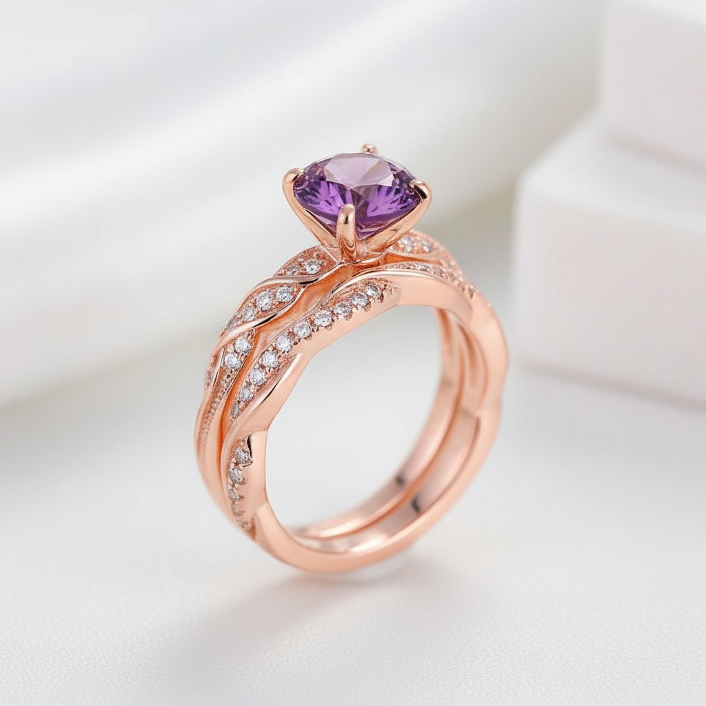 Round Cut Amethyst Purple Twist Rose Gold Wedding Set-Evani Jewelry