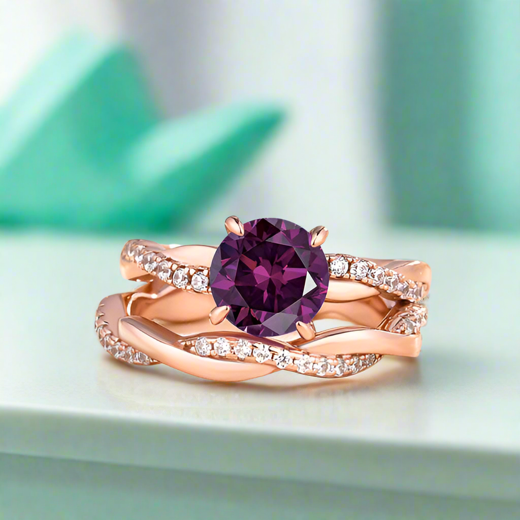 Round Cut Amethyst Purple Twist Rose Gold Wedding Set-Evani Naomi Jewelry