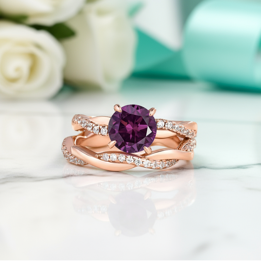 Round Cut Amethyst Purple Twist Rose Gold Wedding Set-Evani Jewelry