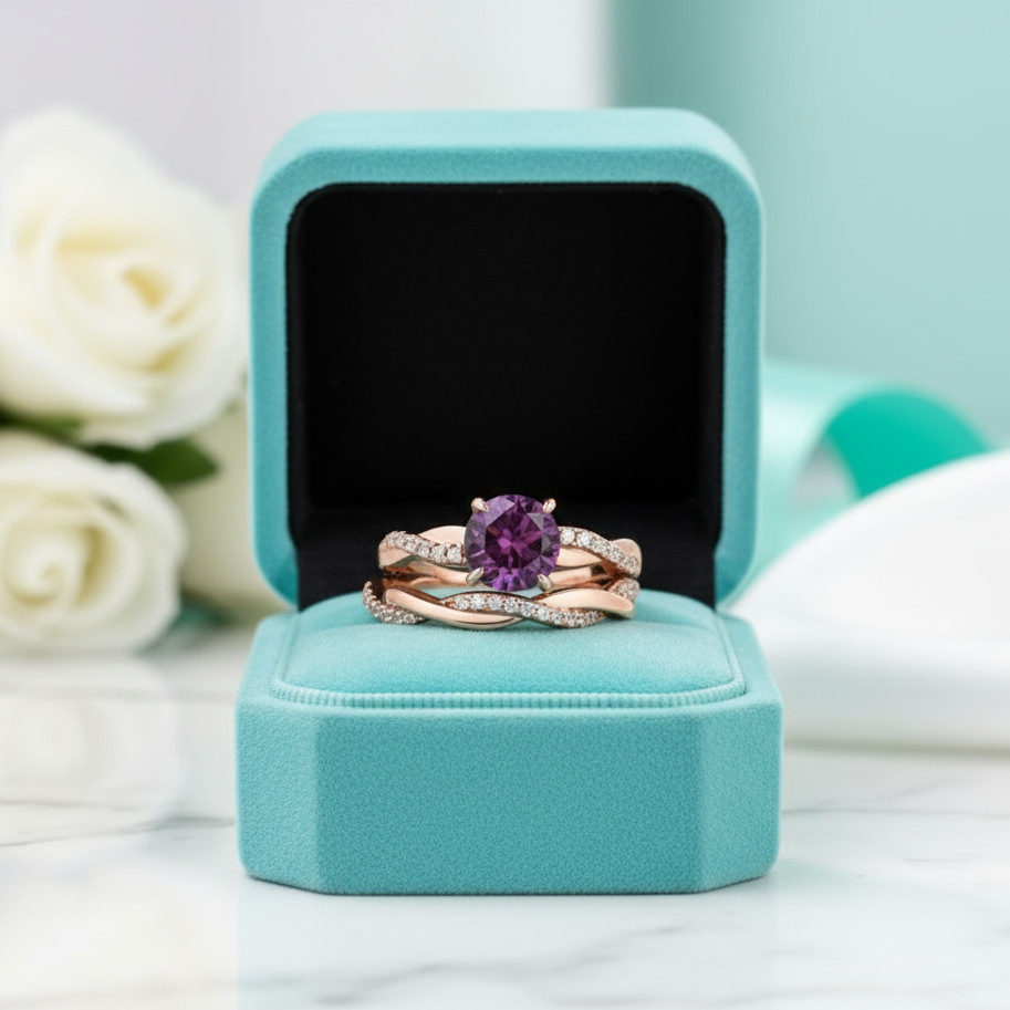 Round Cut Amethyst Purple Twist Rose Gold Wedding Set-Evani Jewelry