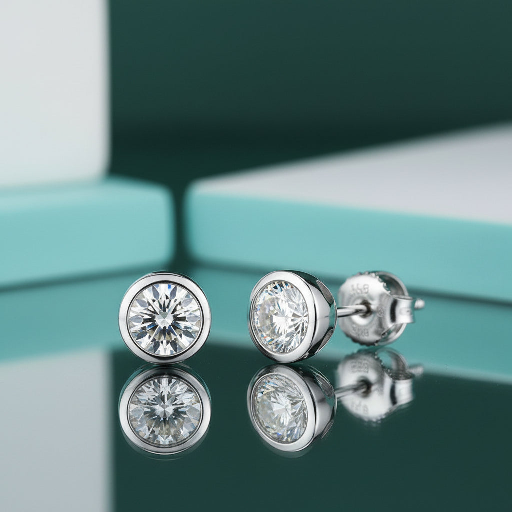 Round Cut Bezel Setting Diamond Stud Earrings-Evani Jewelry