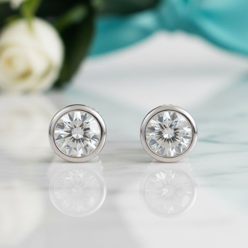 Round Cut Bezel Setting Diamond Stud Earrings-Evani Jewelry