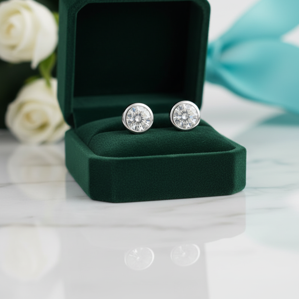 Round Cut Bezel Setting Diamond Option Stud Earrings
