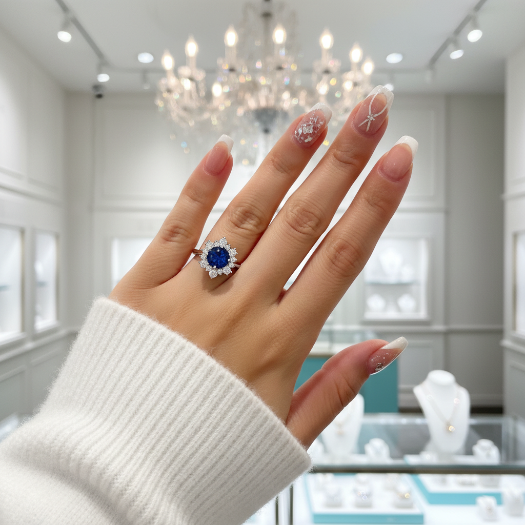 Round Cut Blue Sapphire Snowflake Design Engagement Ring-Evani Jewelry