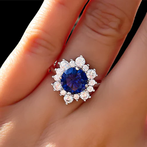 Round Cut Blue Sapphire Snowflake Design Engagement Ring-Evani Naomi Jewelry