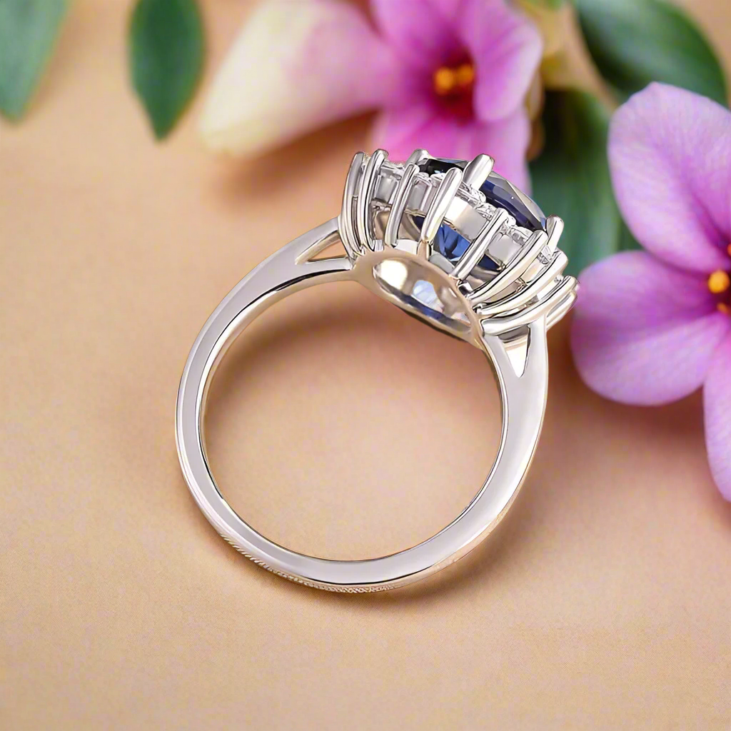 Round Cut Blue Sapphire Snowflake Design Engagement Ring-Evani Naomi Jewelry