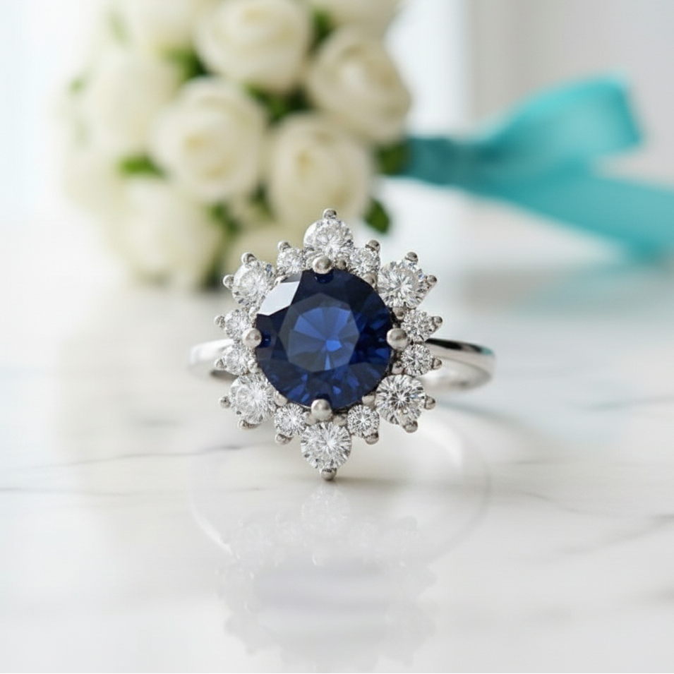 Round Cut Blue Sapphire Snowflake Design Engagement Ring - Evani Naomi Jewelry