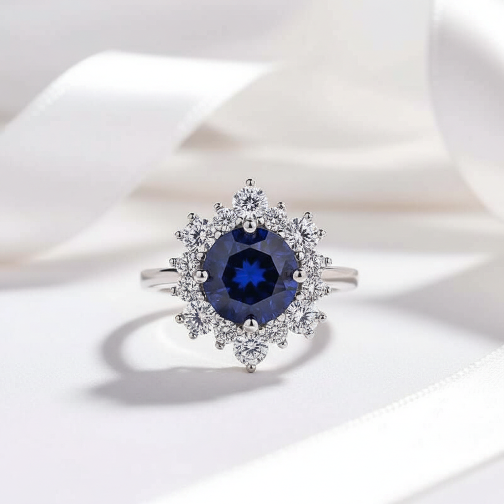 Round Cut Blue Sapphire Snowflake Design Engagement Ring