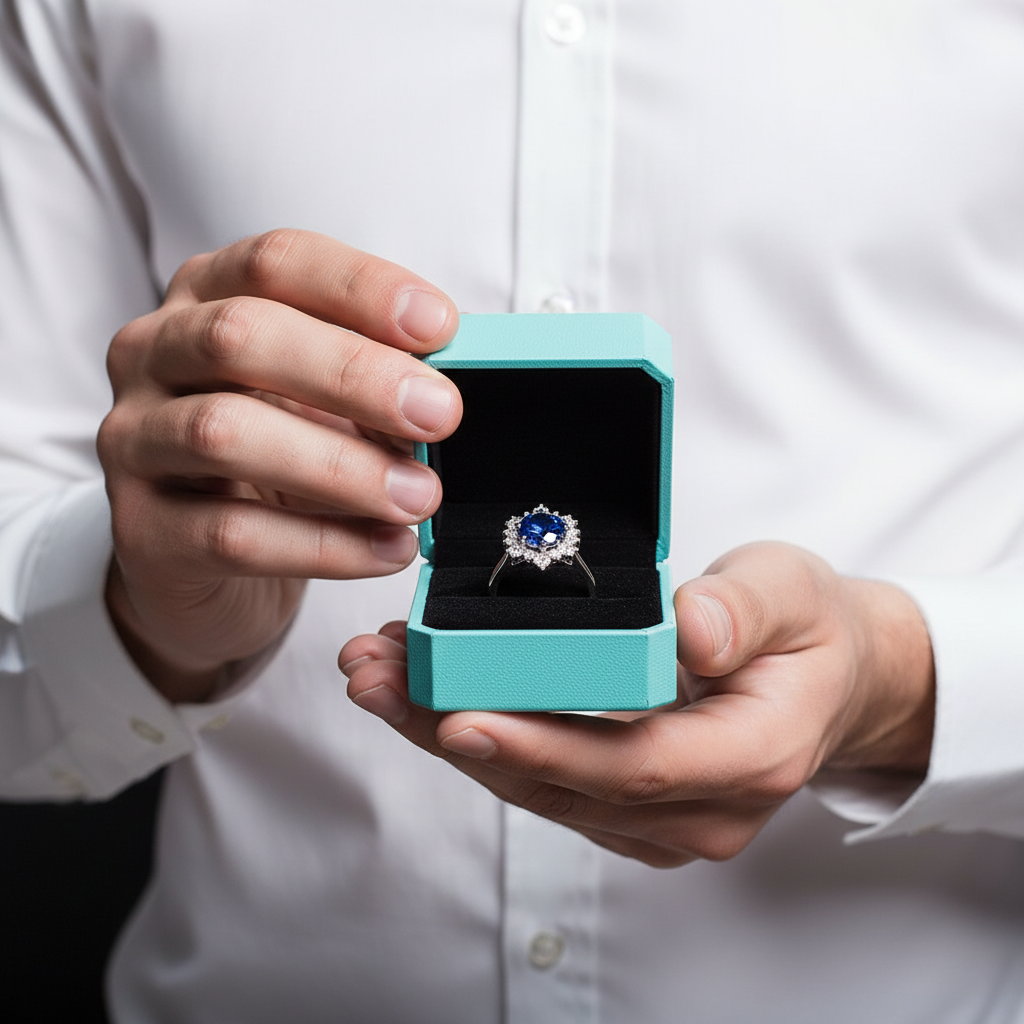 Round Cut Blue Sapphire Snowflake Design Engagement Ring