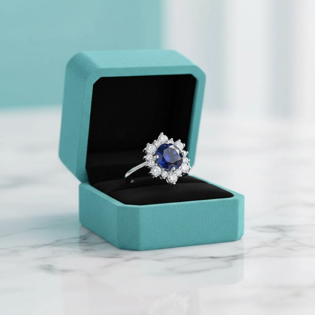 Round Cut Blue Sapphire Snowflake Design Engagement Ring - Evani Naomi Jewelry