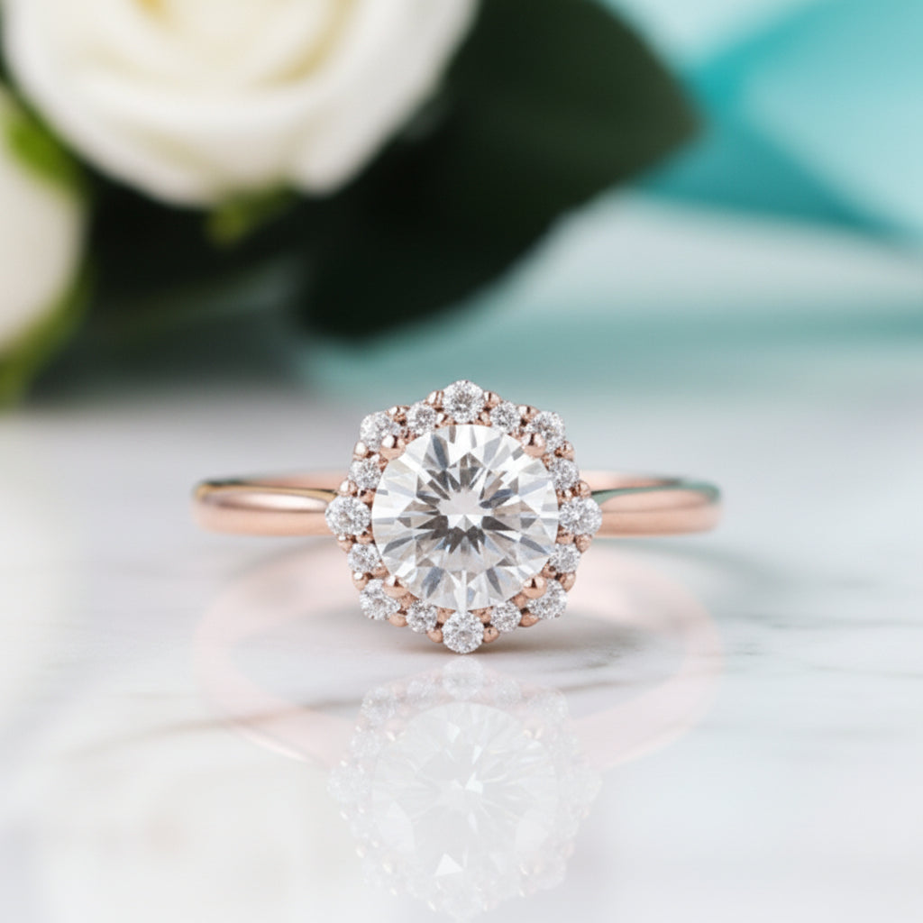 Round Cut Diamond Halo Engagement Ring-Evani Jewelry